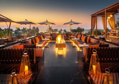 Outdoor seating at Roman Lounge, Caesars Palace Dubai on Bluewaters Island 