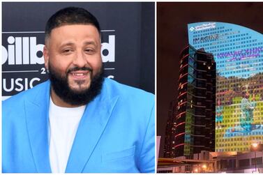 The album cover of 'Khaled Khaled' by DJ Khaled is projected on the InterContinental Dubai Festival City.