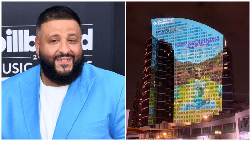 The album cover of 'Khaled Khaled' by DJ Khaled is projected on the InterContinental Dubai Festival City.