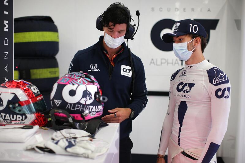 Pierre Gasly of France and Scuderia AlphaTauri talks with team member during practice for the Austrian Grand Prix at Red Bull Ring on Friday. Getty