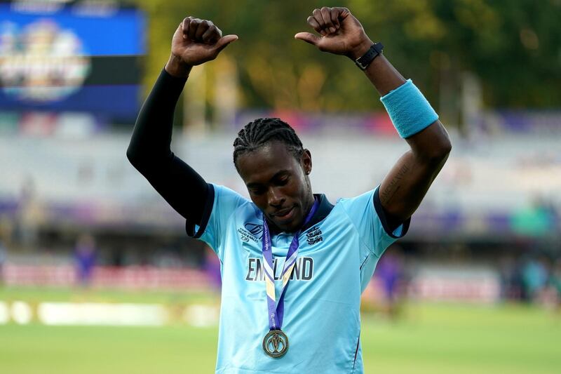 Jofra Archer celebrates winning the World Cup with England at Lord's in July 2019. PA