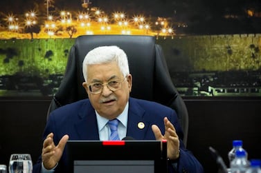 Palestinian President Mahmoud Abbas chairs a session of the weekly cabinet meeting in Ramallah on April 29, 2019. AP