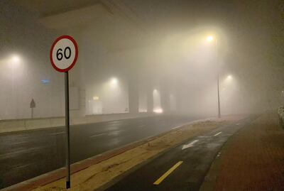 DUBAI, UNITED ARAB EMIRATES , January 19– View of the early morning fog from 2:30 am to 5 am around Dubai EXPO 2020 metro line between Al Furjan and Discovery Gardens area in Dubai. (Pawan Singh / The Nationals) For News/Stock/Online/Instagram/Standalone/Big Picture.