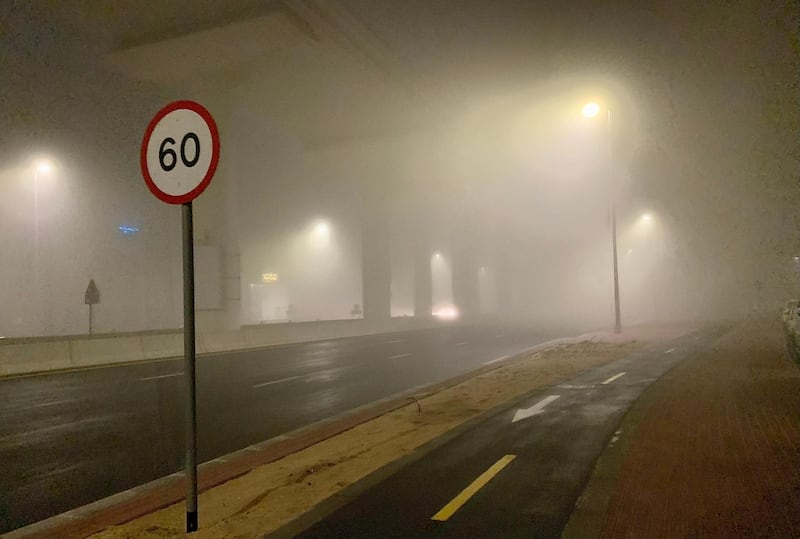 DUBAI, UNITED ARAB EMIRATES , January 19– View of the early morning fog from 2:30 am to 5 am around Dubai EXPO 2020 metro line between Al Furjan and Discovery Gardens area in Dubai. (Pawan Singh / The Nationals) For News/Stock/Online/Instagram/Standalone/Big Picture.