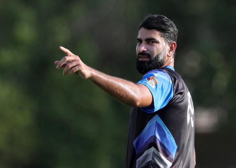 Dubai, United Arab Emirates - Reporter: N/A. Sport. Cricket. ECB Blues' Ahmed Raza during the match between the ECB Blues and Dubai in the Emirates D10. Friday, July 24th, 2020. Dubai. Chris Whiteoak / The National