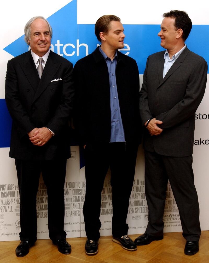 LONDON - JANUARY 27:  (L-R) Frank Abagnale, Leonardo DiCaprio, and Tom Hanks attend a press conference before the United Kingdom premiere of the movie "Catch Me If You Can" January 27, 2003 in London, England. The new film is based on Abagnale's life.  (Photo by John Li/Getty Images) 