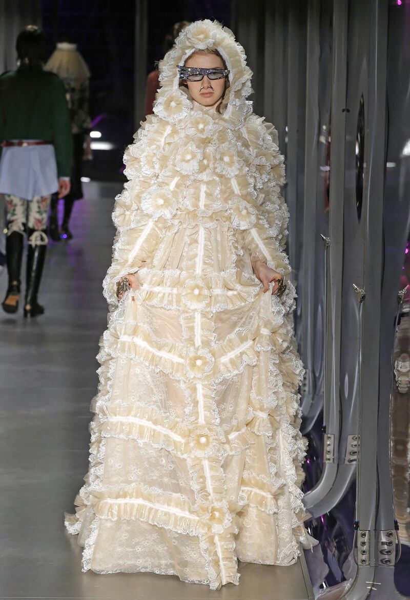 Gucci is less about breaking rules, and more about refusing to acknowledge that they even exist, as demonstrated by this hooded bridal look.