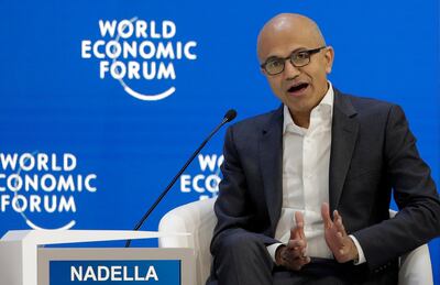 Microsoft's CEO Satya Nadella speaks at the annual meeting of the World Economic Forum in Davos, Switzerland, Tuesday, Jan. 22, 2019. (AP Photo/Markus Schreiber)