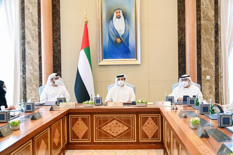 Sheikh Mansour bin Zayed, the Deputy Prime Minister and Minister of Presidential Affairs at the Ministerial Development Council meeting at Qaṣr Al-Waṭan 