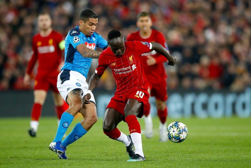 Napoli's Marques Allan and Liverpool's Sadio Mane during the UEFA Champions League Group E match at Anfield, Liverpool. PA Photo. Picture date: Wednesday November 27, 2019. See PA story SOCCER Liverpool. Photo credit should read: Martin Rickett/PA Wire