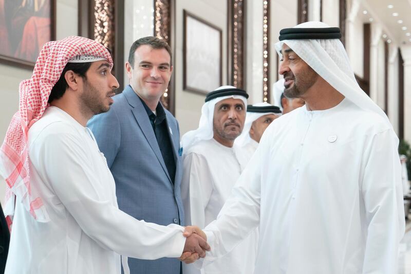 ABU DHABI, UNITED ARAB EMIRATES - May 21, 2019: HH Sheikh Mohamed bin Zayed Al Nahyan, Crown Prince of Abu Dhabi and Deputy Supreme Commander of the UAE Armed Forces (R), receives Special Olympics sponsors during an iftar reception at Al Bateen Palace.

( Rashed Al Mansoori / Ministry of Presidential Affairs )
---