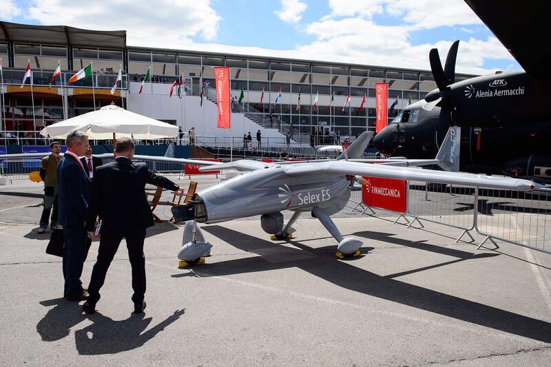 The Selex ES Falco unmanned aerial vehicle on display at the Farnborough International Airshow. Leon Neal / AFP