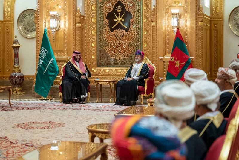 Sultan Haitham bin Tariq of Oman and Crown Prince Mohammed bin Salman of Saudi Arabia, during official talks at Al Alam Palace. Photo: Oman News Agency