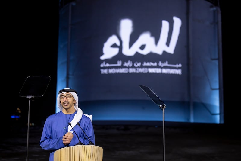 Sheikh Abdullah bin Zayed, Minister of Foreign Affairs and chairman of the Mohamed bin Zayed Water Initiative, delivers a keynote speech during the launch of initiative in Abu Dhabi