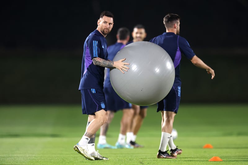 Lionel Messi with an exercise ball during an Argentina training session. Getty