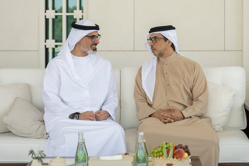 Sheikh Khaled bin Mohamed, Crown Prince of Abu Dhabi and Chairman of Abu Dhabi Executive Council, and Sheikh Mansour bin Zayed, Vice President, Deputy Prime Minister and Chairman of the Presidential Court, attend the meeting
