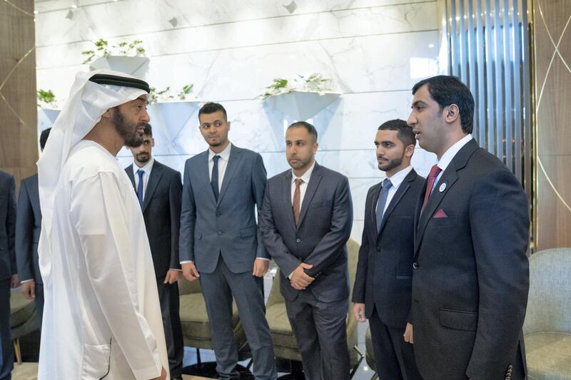 ASTANA, KAZAKHSTAN - July 05, 2018: HH Sheikh Mohamed bin Zayed Al Nahyan, Crown Prince of Abu Dhabi and Deputy Supreme Commander of the UAE Armed Forces (L) speaks with UAE students who are studying in Kazakhstan.

Mohamed Al Hammadi / Crown Prince Court - Abu Dhabi