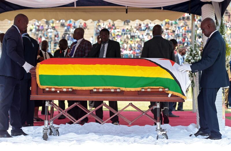 The coffin of late former Zimbabwean president Robert Mugabe is put on display during a public funeral parade  in Harare, Zimbabwe. Mugabe passed away on 06 September aged 95 in Singapore where he had been receiving treatment since April this year. Mugabe led the country post-independence from 1980 to 2017 when he was ousted in a military coup. The public will be able to pay their respects to Mugabe on 12 and 13 September in Harare before his burial on 15 September.  EPA