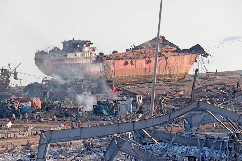 The wreckage of a ship is seen following yesterday's blast at the port of Lebanon's capital Beirut.  AFP