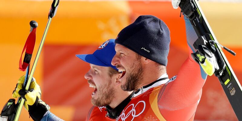 Silver medal winner Kjetil Jansrud (L) of Norway and gold medal winner Aksel Lund Svindal of Norway pose during the venue ceremony of the Men's Downhill race at the Jeongseon Alpine Centre during the PyeongChang 2018 Olympic Games. Eon Heon-Kyun / EPA