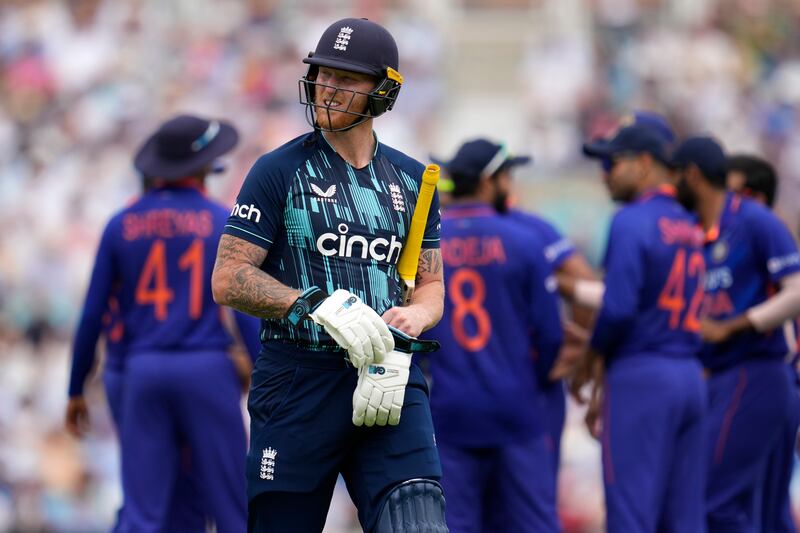 England's Ben Stokes trudges off after a first-ball duck. AP