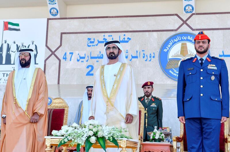 Sheikh Mohammed bin Rashid, Vice President, Ruler of Dubai and Minister of Defence, and Sheikh Tahnoun bin Mohammed, Abu Dhabi Ruler`s Representative in the Al Ain Region, attend the graduation ceremony for Air Cadet and Cadet Pilot officers at Khalifa bin Zayed Air College in Al Ain. Wam