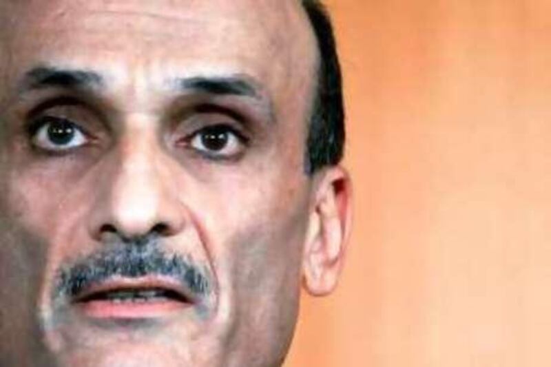 Freed christian former warlord Samir Geagea gestures during a press conference following his release 26 July 2005 at Beirut International Airport. Geagea was freed today after serving 11 years in jail for offences committed during the 1975-1990 civil war, army sources said. "Samir Geagea was driven to Beirut international airport," in a military convoy for a flight to Europe, the sources said.   AFP PHOTO /JOSEPH BARRAK