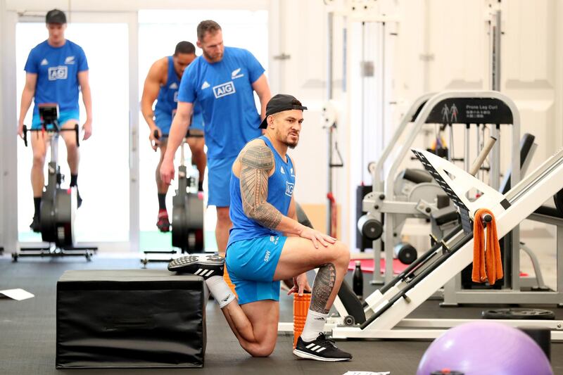 TOKYO, JAPAN - OCTOBER 28: Sonny Bill Williams of the All Blacks stretches during a New Zealand All Blacks gym session on October 28, 2019 in Tokyo, Japan. (Photo by Hannah Peters/Getty Images)