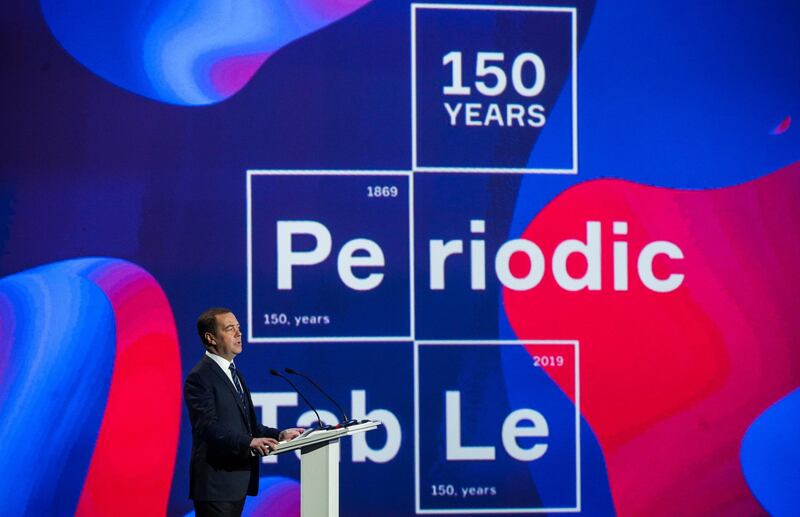 MOSCOW, RUSSIA  FEBRUARY 6, 2019: Russia's Prime Minister Dmitry Medvedev speaks at the opening ceremony of International Year of the Periodic Table 2019 at the offices of the Presidium of the Russian Academy of Sciences (RAS); 2019 is the 150th anniversary of the Periodic Table of Chemical Elements and has been proclaimed the "International Year of the Periodic Table of Chemical ElementsÂ (IYPT2019)" by the United Nations and UNESCO. Sergei Bobylev/TASS (Photo by Sergei Bobylev\TASS via Getty Images)