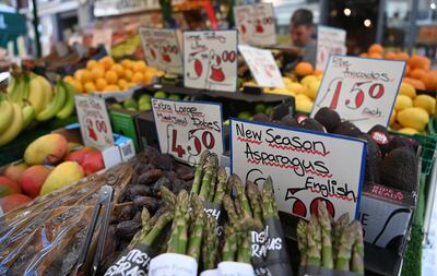 A market stall in London. Despite overall inflation falling to 8.7 per cent in April, food prices are still rising at more than 19 per cent, according to the Office for National Statistics. EPA 