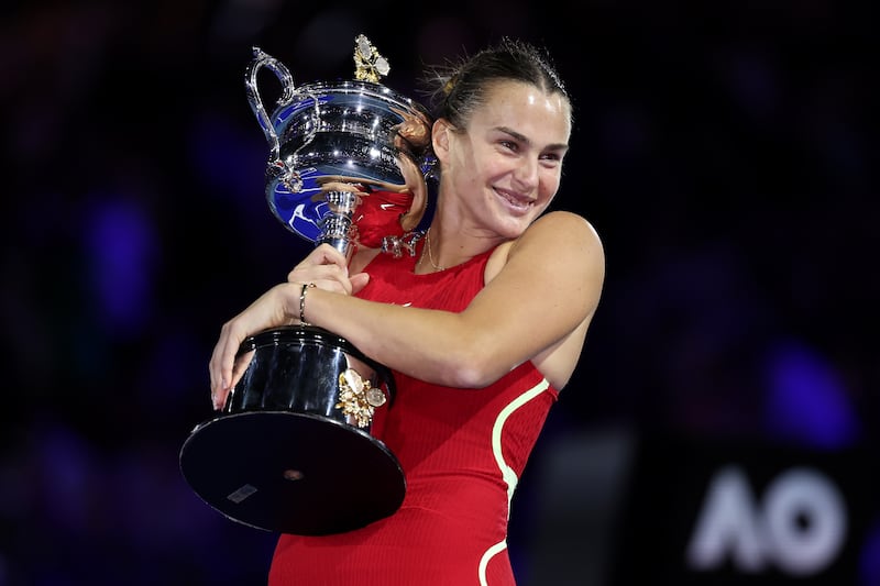 Aryna Sabalenka celebrates after beating Qinwen Zheng in the Australian Open final at Melbourne Park on January 27, 2024. Getty Images