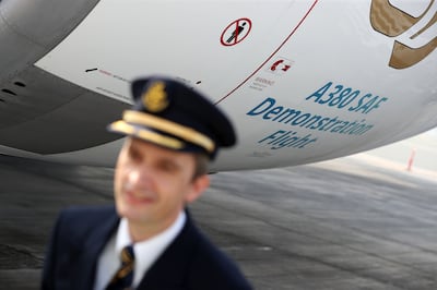 Captain Philippe Lombet, a pilot on the Emirates' Airbus A380 demonstration flight using 100 per cent sustainable aviation fuel on one of the superjumbo's four engines. Chris Whiteoak / The National