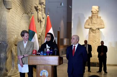 Noura Al Kaabi, centre, UAE Minister of Culture and Knowledge Development, speaks during a tour at the Iraq Museum in Baghdad. WAM