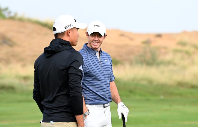 Rory McIlroy with Collin Morikawa during a practice round prior to the Abu Dhabi HSBC Championship at Yas Links Golf Course. Getty