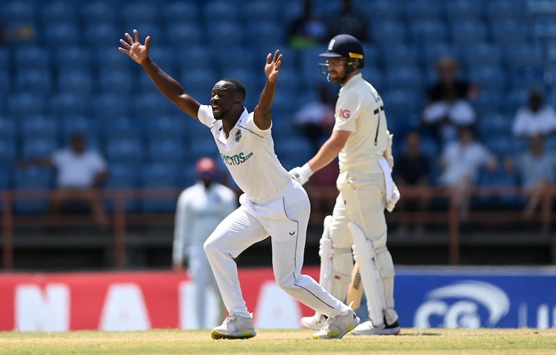 West Indies bowler Kemar Roach successfully appeals for the wicket of England's Jack Leach. Getty