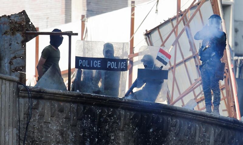 Members of Iraqi security forces are seen during ongoing anti-government protests in Baghdad, Iraq. Reuters
