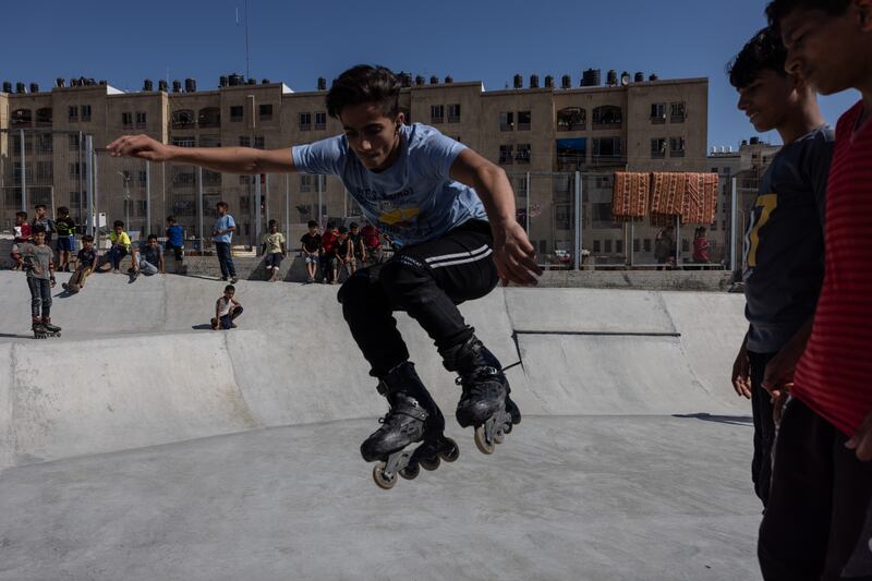 ‘You have to choose. You can either be miserable, because, yes, the circumstances are incredibly tough. Or you can decide to make the best with what you got,’ said Mustafa Slebi, 16, a rollerblader who practises his stunts at a northern Gaza skate park, near the enclave’s border with Israel.