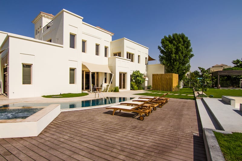 This 24,000 square foot (C13) property located in the Al Barari development is on sale for AED 23,999,999. Backing onto a private river and walk way, this Barari villa has a large extended plot and built up area of 13,858 square feet. It has 5 en-suite bedrooms, upstairs study/ family room with terrace, separate ground floor formal living and dining area with family living area, family kitchen and service kitchen, laundry, one basement room with bathroom, self-contained maids living quarters, three car garage, powder room, two private cooled and covered courtyards, landscaped gardens, swimming pool, plunge pool, barbeque area, rooftop terraces. Courtesy Luxhabitat *** Local Caption ***  bz23se-LIFEprop-barari-04.jpg