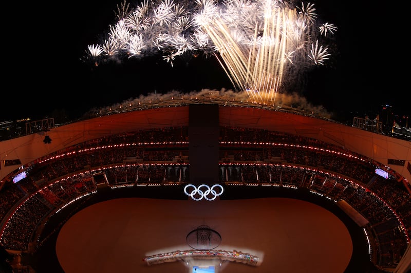 BEIJING, CHINA - FEBRUARY 04: A general view inside the stadium as fireworks are set off during the Opening Ceremony of the Beijing 2022 Winter Olympics at the Beijing National Stadium on February 04, 2022 in Beijing, China. (Photo by Richard Heathcote / Getty Images)