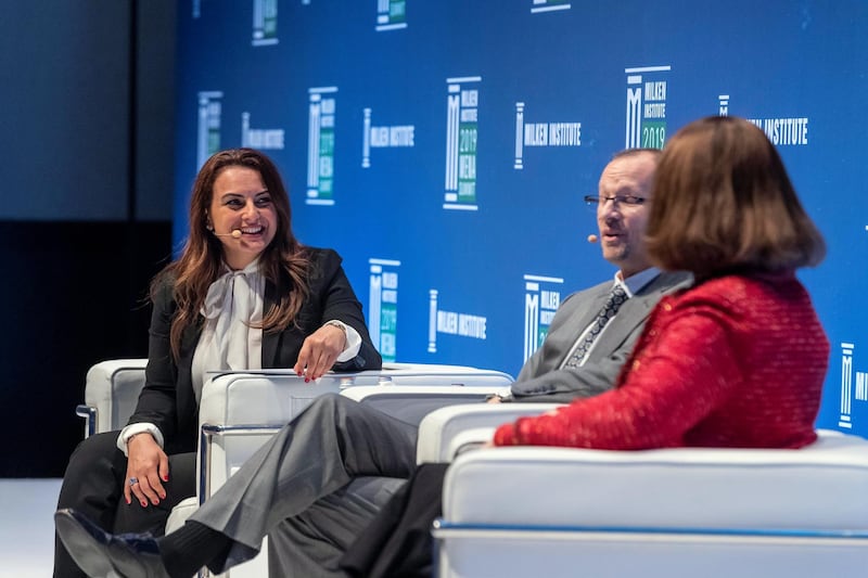 ABU DHABI, UNITED ARAB EMIRATES. 12 FEBRUARY 2019. Panel discussion on Workforce at the Milken Institute 2019 MENA Summit. LtoR: Mina Al-Oraibi, Editor in Chief The National, Jeff Maggioncalda, Coursera and Solveig Nicklos, Abu Dhabi School of Government. (Photo: Antonie Robertson/The National) Journalist: John Dennehy. Section: National.