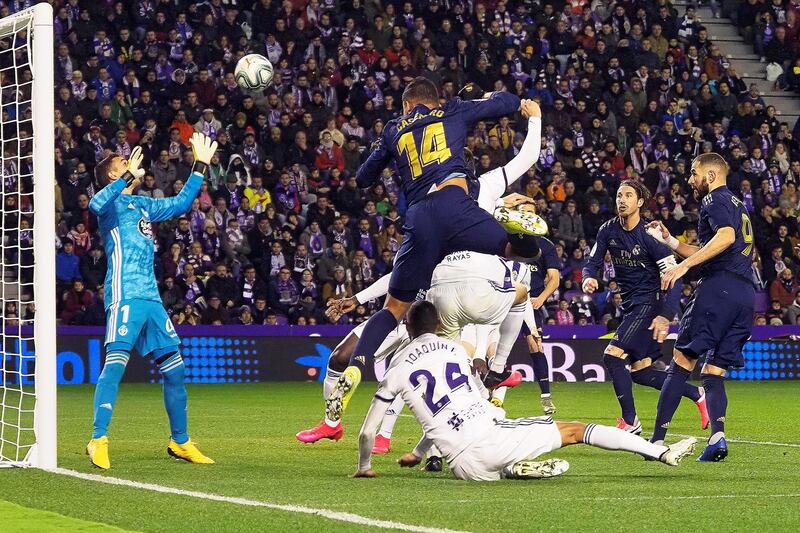 Real Madrid's Casemiro in action against Valladolid's goalkeeper Jordi Masip. EPA