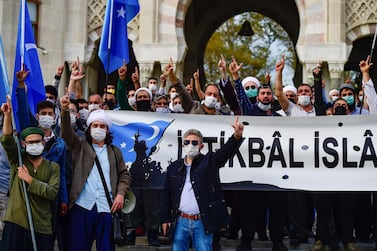 Turkish protesters march in Istanbul against French President Emmanuel Macron's comments over Prophet Mohammed cartoons, on October 25, 2020. AFP