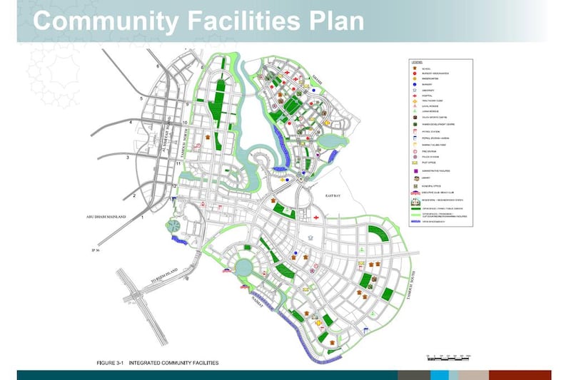 Reem Island community facilities plan map. The island will have three new private hospitals and a number of clinics, nine mosques, Civil Defence and Police facilities, a major transit hub, and 500,000 m2 of parks and open space. Courtesy Abu Dhabi Planning Council