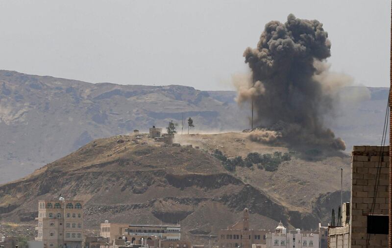 Smoke billows following a reported airstrike near the Yemeni capital Sanaa on July 1, 2020. Reuters