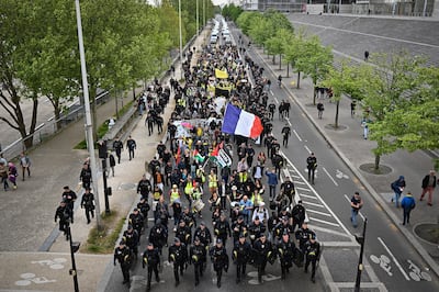 PARIS, FRANCE - APRIL 23: Gilet Jaune demonstrators protest as they make their way from Place d Italia to Place de Nation on April 23, 2022 in Paris, France. Getty Images
