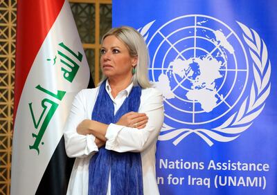 Jeanine Hennis-Plasschaert speaks during a press conference in Baghdad in October 2021. EPA