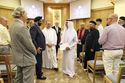 ABU DHABI , UNITED ARAB EMIRATES, October 03, 2018 :- Sheikh Nahyan bin Mubarak Al Nahyan, Minister of Tolerance ( center ) meeting with the guests during the celebration as part of the 50th anniversary of the St Andrew’s Church in Abu Dhabi. ( Pawan Singh / The National )  For News. Story by John