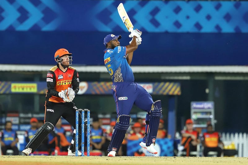 Kieron Pollard of Mumbai Indians plays a shot for six runs during match 9 of the Vivo Indian Premier League 2021 between the Mumbai Indians and the Sunrisers Hyderabad held at the M. A. Chidambaram Stadium, Chennai on the 17th April 2021.

Photo by Faheem Hussain / Sportzpics for IPL