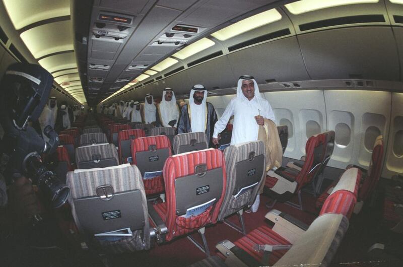 The first passengers board the inaugural Emirates flight in 1985.
