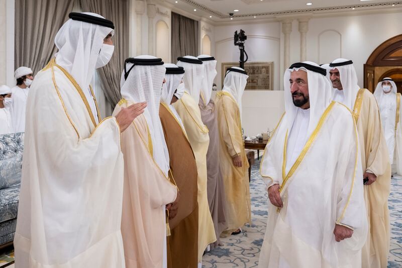 Sheikh Saeed bin Zayed, Abu Dhabi Ruler's Representative, left, greets Sheikh Dr Sultan. Photo: Hamad Al Kaabi / Ministry of Presidential Affairs 